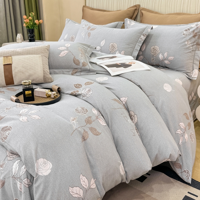 91家纺网 家纺一手货源 找家纺 凌鼎 2025新款100%全棉磨毛四件套数码印花加厚纯棉磨毛四件套玫瑰爱恋灰