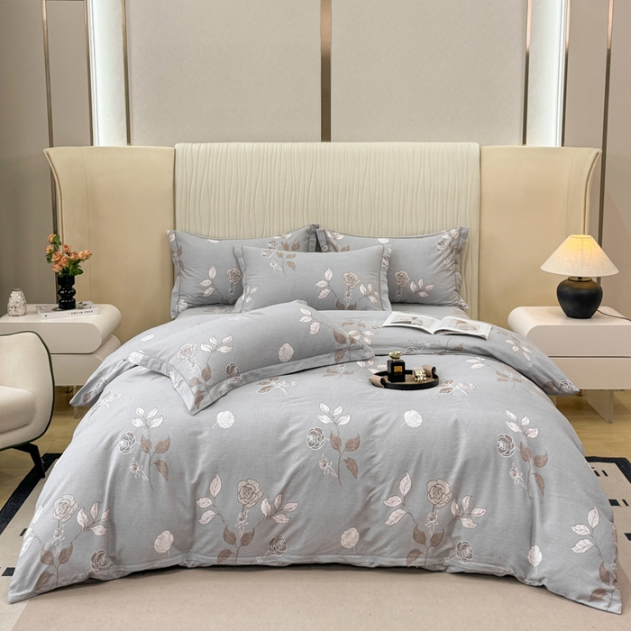 91家纺网 家纺一手货源 找家纺 凌鼎 2025新款100%全棉磨毛四件套数码印花加厚纯棉磨毛四件套玫瑰爱恋灰