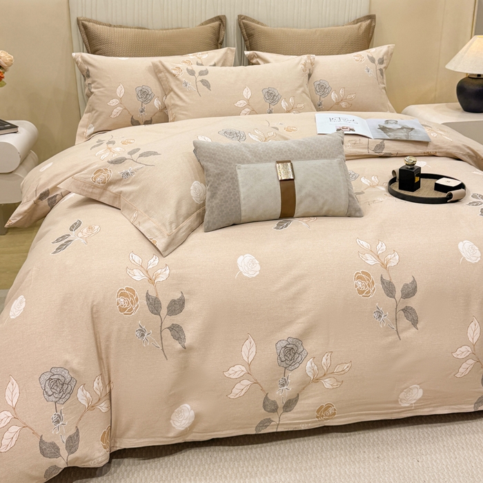 91家纺网 家纺一手货源 找家纺 凌鼎 2025新款100%全棉磨毛四件套数码印花加厚纯棉磨毛四件套玫瑰爱恋咖