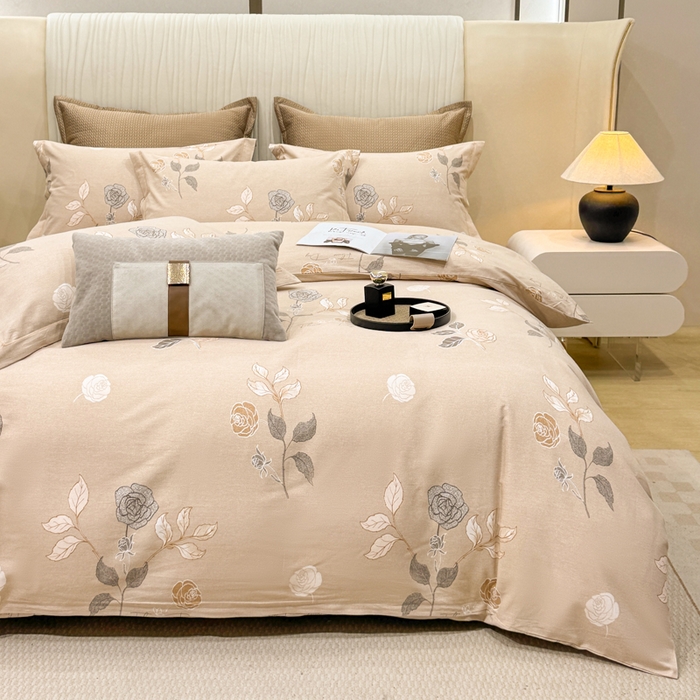 91家纺网 家纺一手货源 找家纺 凌鼎 2025新款100%全棉磨毛四件套数码印花加厚纯棉磨毛四件套玫瑰爱恋咖