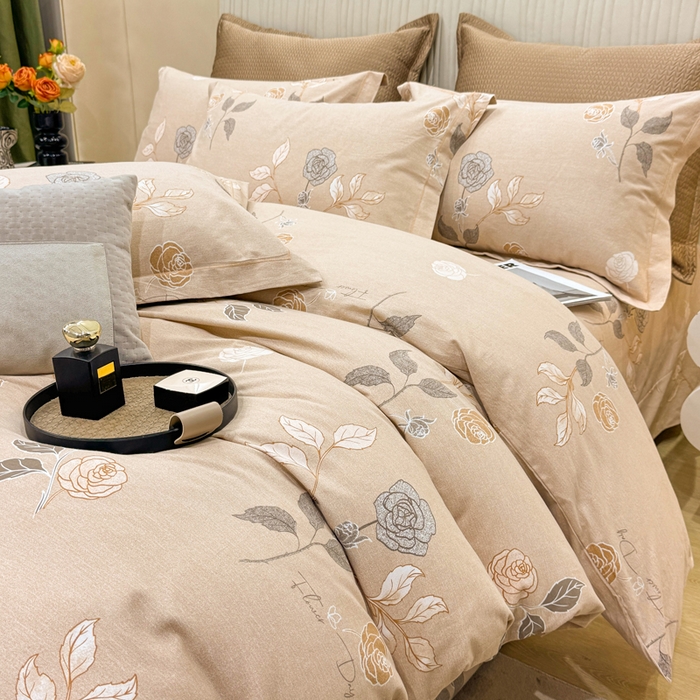 91家纺网 家纺一手货源 找家纺 凌鼎 2025新款100%全棉磨毛四件套数码印花加厚纯棉磨毛四件套玫瑰爱恋咖