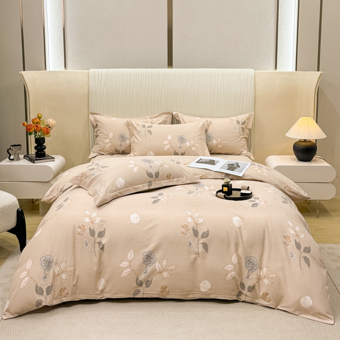 91家纺网 家纺一手货源 找家纺 凌鼎 2025新款100%全棉磨毛四件套数码印花加厚纯棉磨毛四件套玫瑰爱恋咖