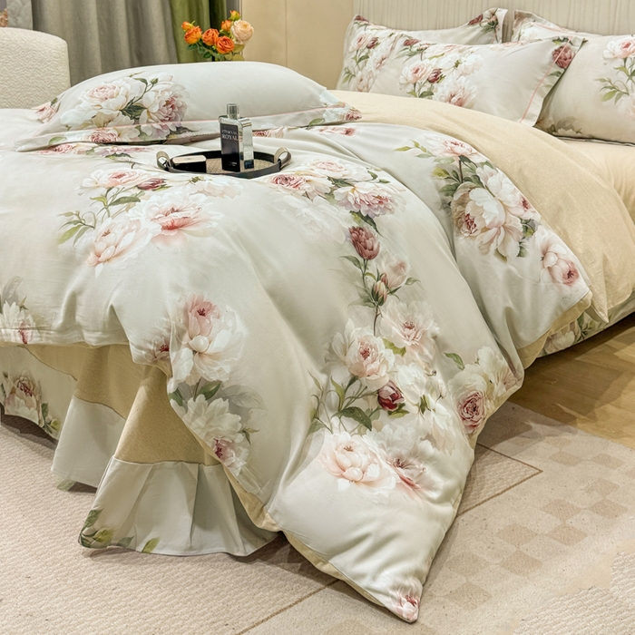 91家纺网 家纺一手货源 找家纺 凌鼎 2025新款100%全棉磨毛四件套数码印花加厚纯棉磨毛四件套轻盈花语