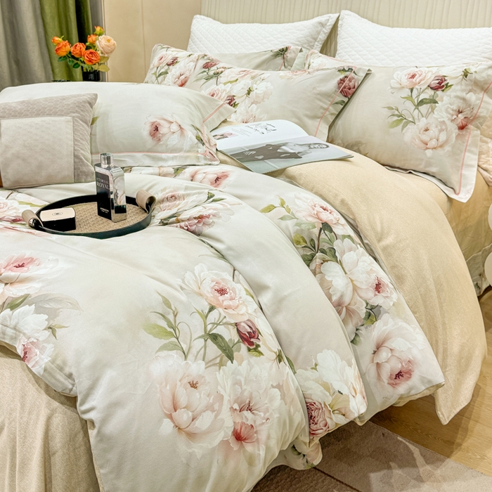 91家纺网 家纺一手货源 找家纺 凌鼎 2025新款100%全棉磨毛四件套数码印花加厚纯棉磨毛四件套轻盈花语