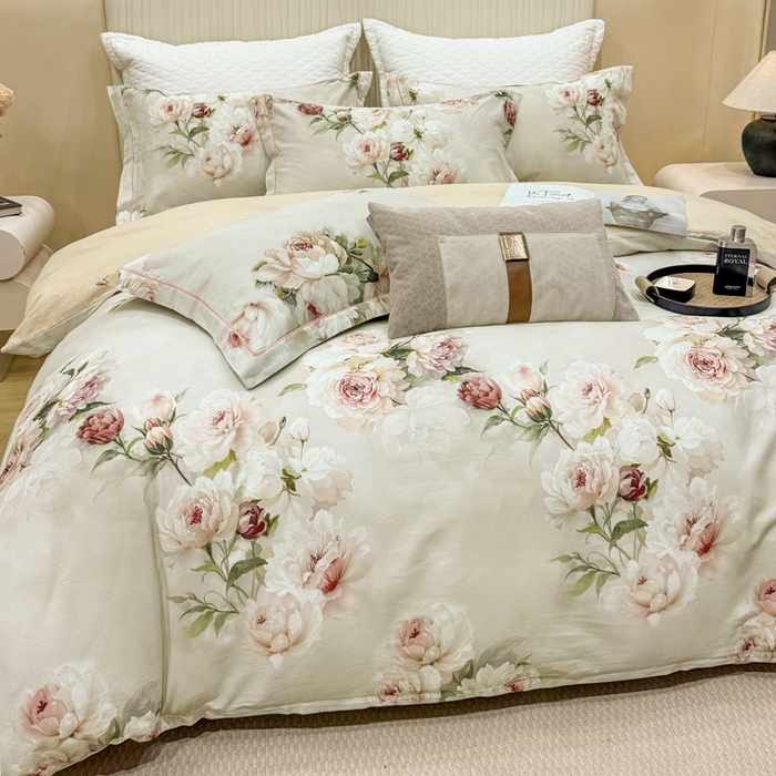 91家纺网 家纺一手货源 找家纺 凌鼎 2025新款100%全棉磨毛四件套数码印花加厚纯棉磨毛四件套轻盈花语