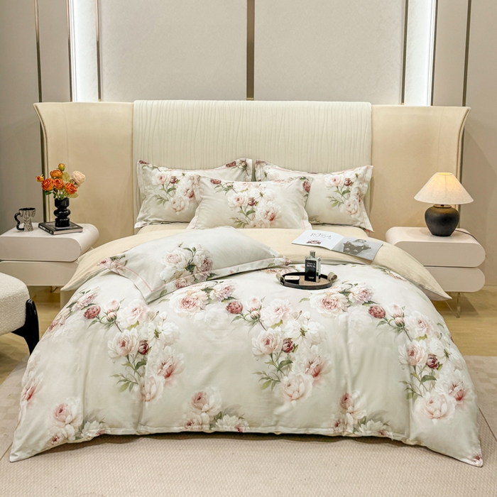 91家纺网 家纺一手货源 找家纺 凌鼎 2025新款100%全棉磨毛四件套数码印花加厚纯棉磨毛四件套轻盈花语