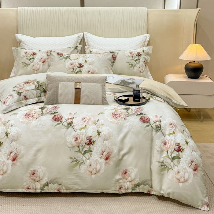 91家纺网 家纺一手货源 找家纺 凌鼎 2025新款100%全棉磨毛四件套数码印花加厚纯棉磨毛四件套轻盈花语