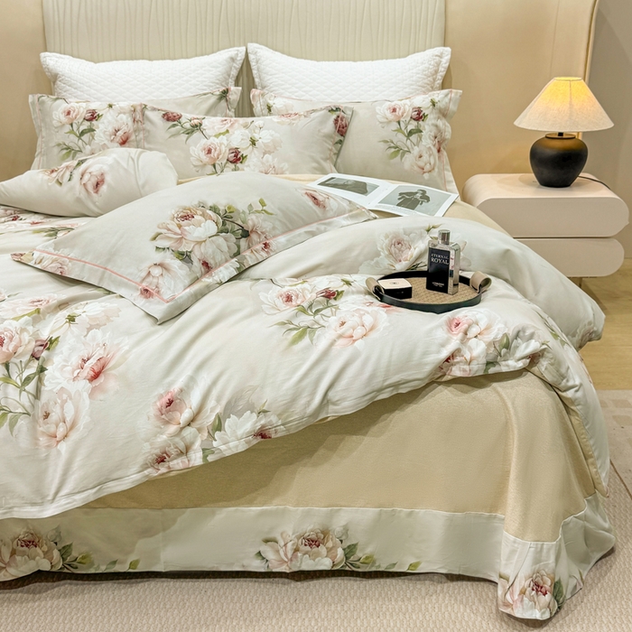 91家纺网 家纺一手货源 找家纺 凌鼎 2025新款100%全棉磨毛四件套数码印花加厚纯棉磨毛四件套轻盈花语