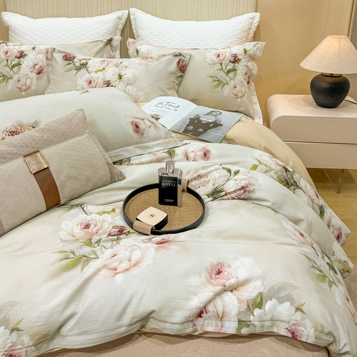 91家纺网 家纺一手货源 找家纺 凌鼎 2025新款100%全棉磨毛四件套数码印花加厚纯棉磨毛四件套轻盈花语