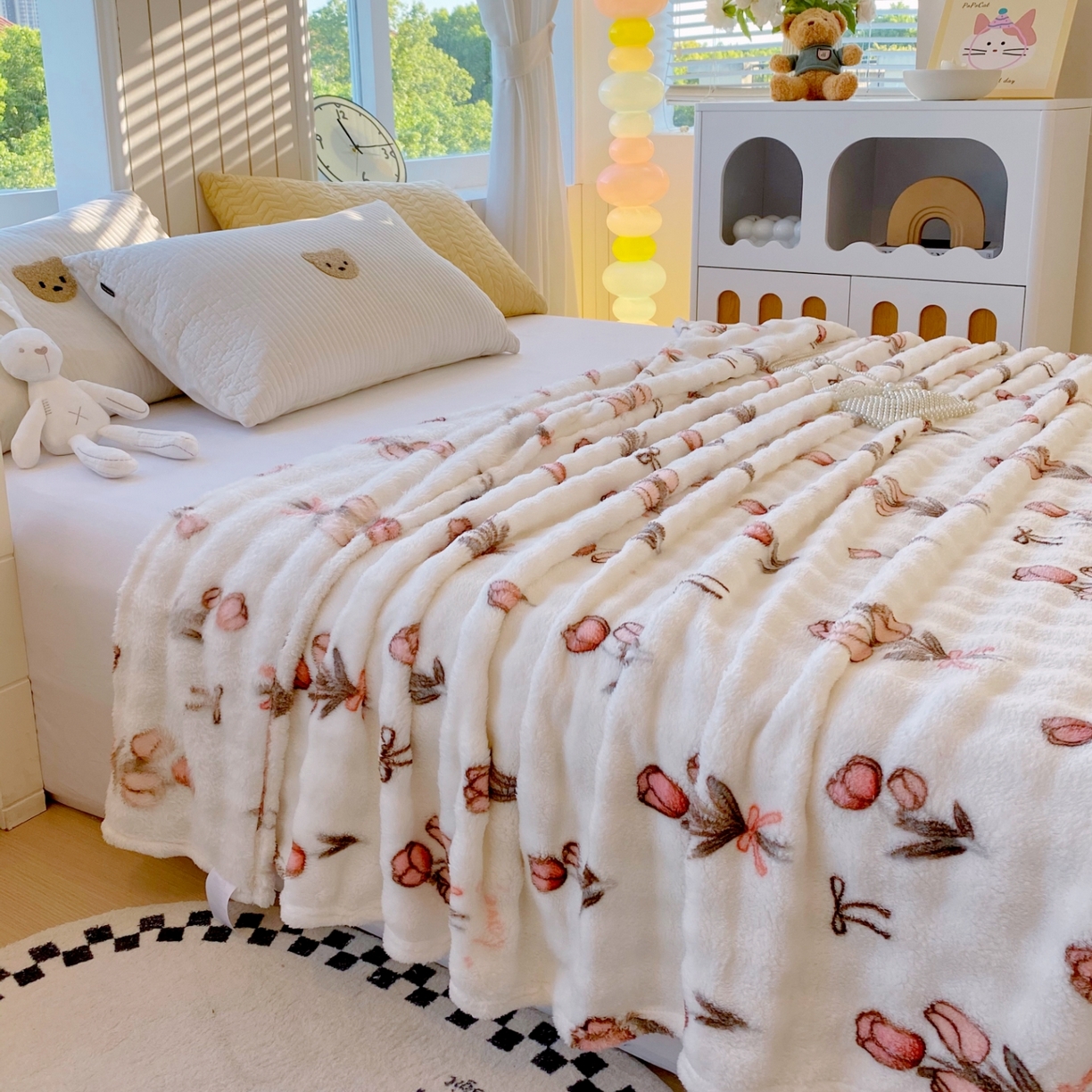 91家纺网 家纺一手货源 找家纺 悦织湾家纺 2025新款炫彩仿兔毛绒泡泡绒牛奶绒法兰绒毛毯休闲毯沙发盖毯跨境外贸出口专供 粉色郁金香