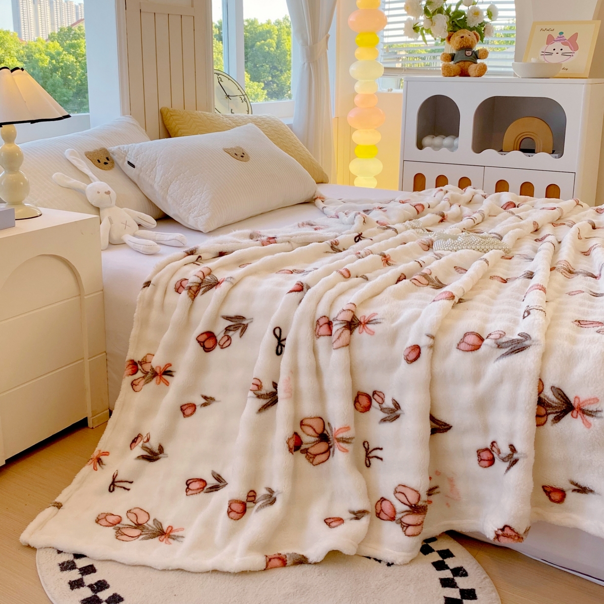 91家纺网 家纺一手货源 找家纺 悦织湾家纺 2025新款炫彩仿兔毛绒泡泡绒牛奶绒法兰绒毛毯休闲毯沙发盖毯跨境外贸出口专供 粉色郁金香