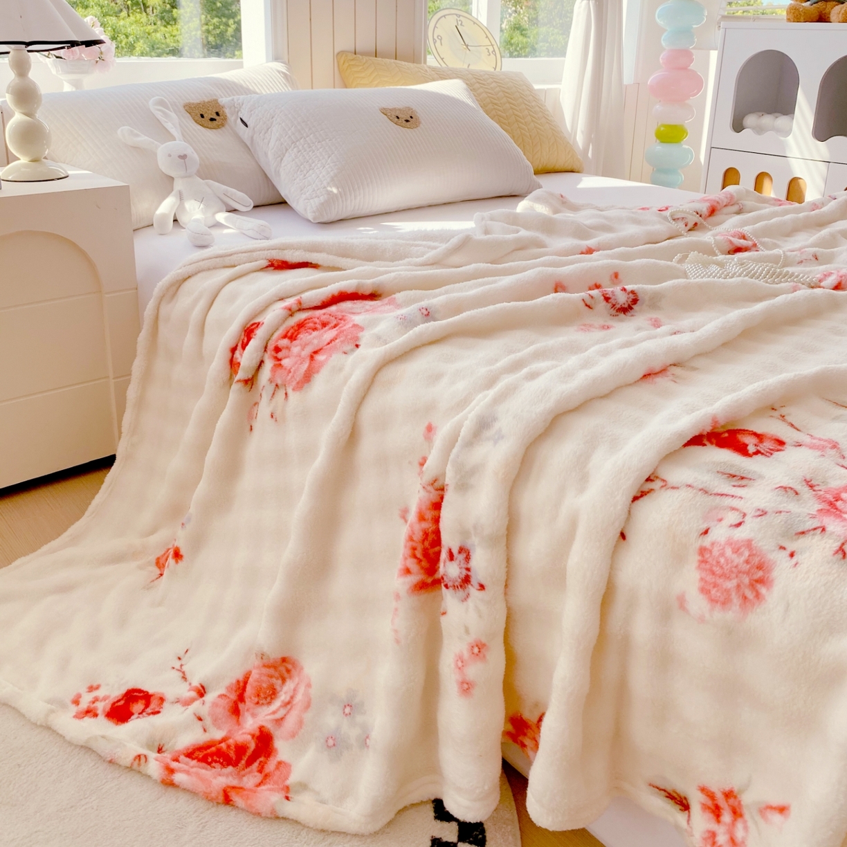 91家纺网 家纺一手货源 找家纺 悦织湾家纺 2025新款炫彩仿兔毛绒泡泡绒牛奶绒法兰绒毛毯休闲毯沙发盖毯跨境外贸出口专供 国色天香