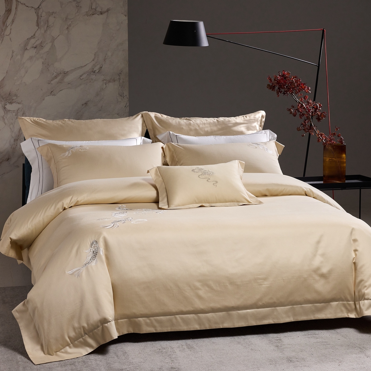 91家纺网 家纺一手货源 找家纺 淼铭家纺 2025秋冬新款新中式天丝棉磨毛刺绣工艺四件套-锦鲤系列 锦鲤-金