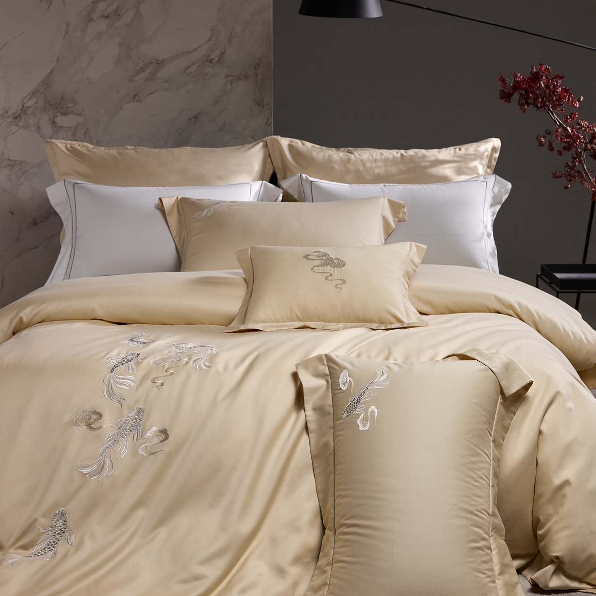 91家纺网 家纺一手货源 找家纺 淼铭家纺 2025秋冬新款新中式天丝棉磨毛刺绣工艺四件套-锦鲤系列 锦鲤-金