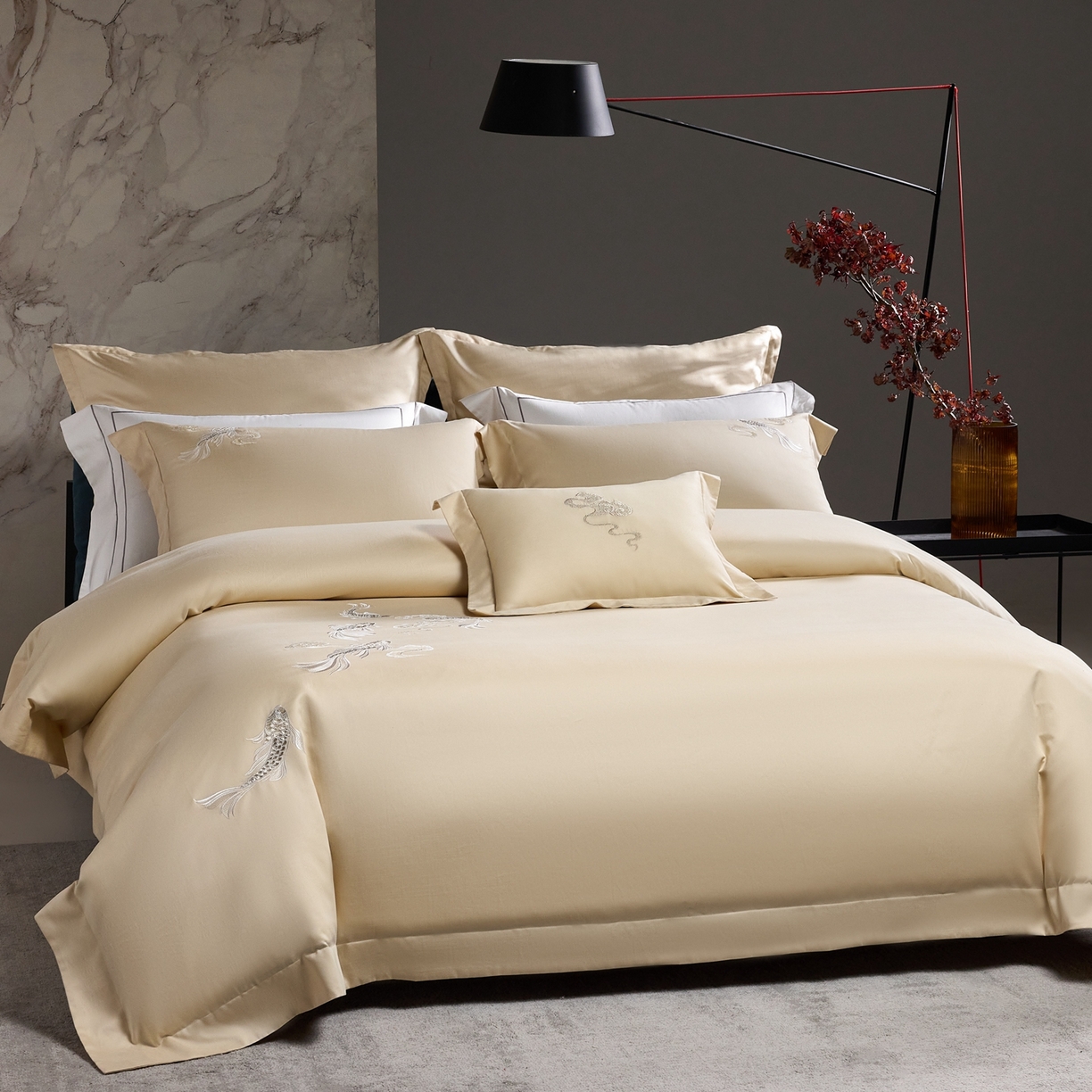 91家纺网 家纺一手货源 找家纺 淼铭家纺 2025秋冬新款新中式天丝棉磨毛刺绣工艺四件套-锦鲤系列 锦鲤-金