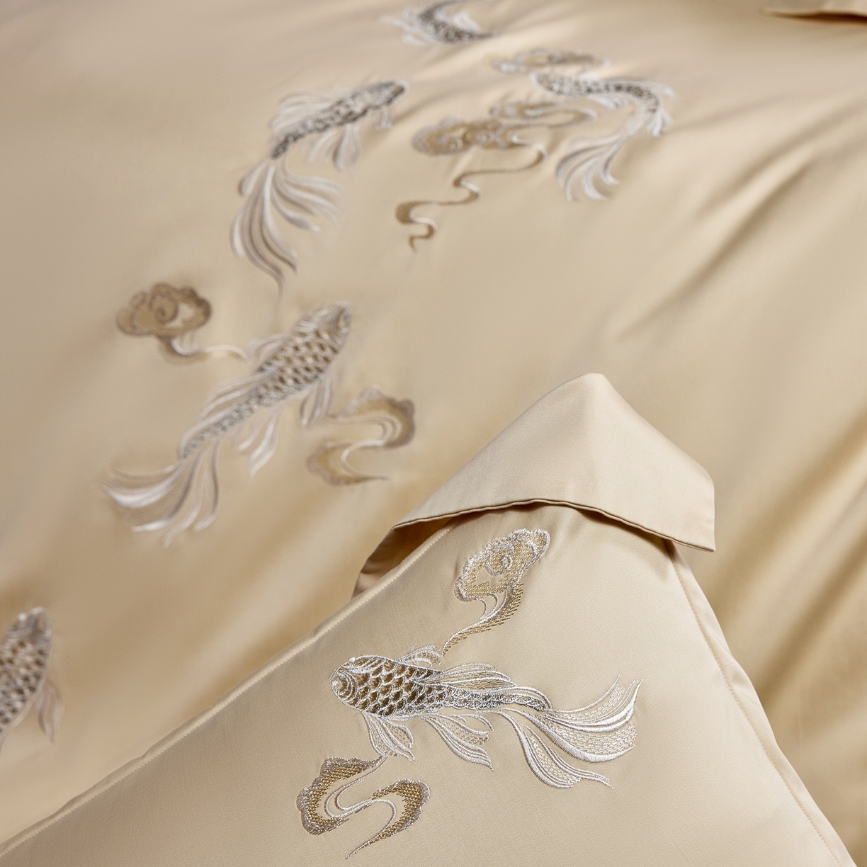 91家纺网 家纺一手货源 找家纺 淼铭家纺 2025秋冬新款新中式天丝棉磨毛刺绣工艺四件套-锦鲤系列 锦鲤-金