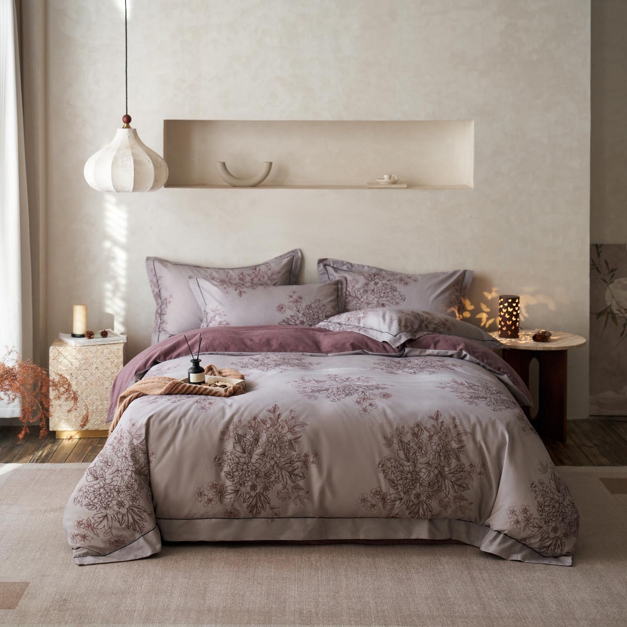 91家纺网 家纺一手货源 找家纺 涵宸家纺 2025新款全棉磨毛印花四件套-奥罗 素居- 胭