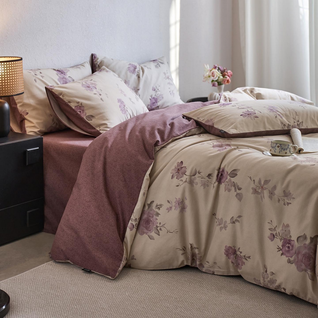 91家纺网 家纺一手货源 找家纺 涵宸家纺 2025新款全棉磨毛印花四件套-御岚 华韵-米