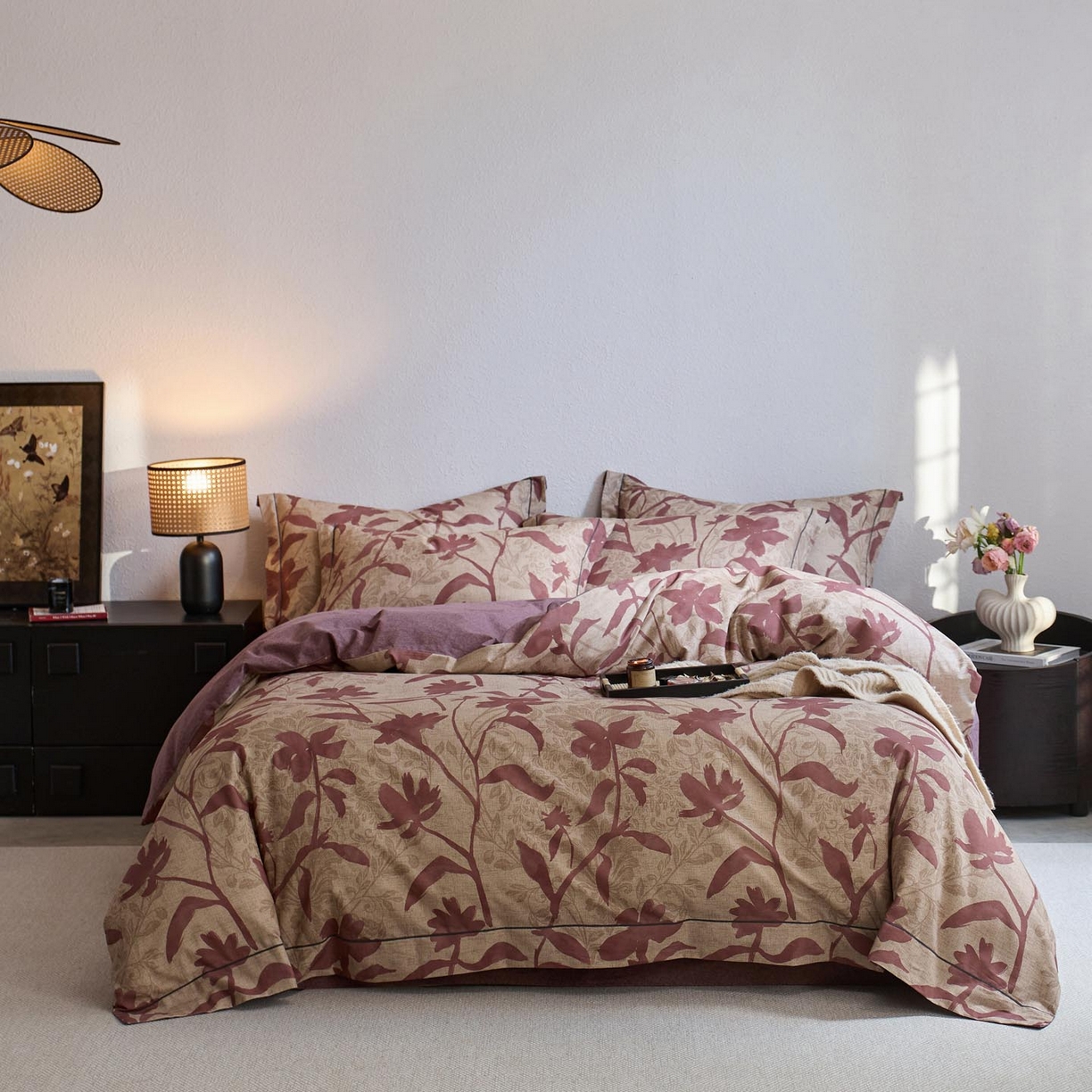 91家纺网 家纺一手货源 找家纺 涵宸家纺 2025新款全棉磨毛印花四件套-奥罗 枝语-红