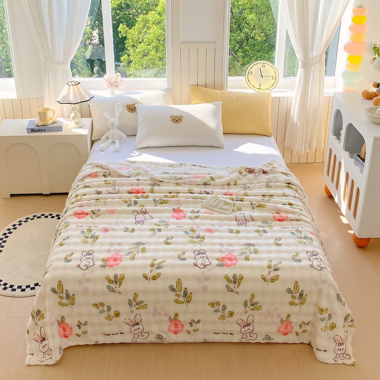 91家纺网 家纺一手货源 找家纺 悦织湾家纺 2025新款炫彩仿兔毛绒泡泡绒牛奶绒法兰绒毛毯休闲毯沙发盖毯跨境外贸出口专供 青青小兔