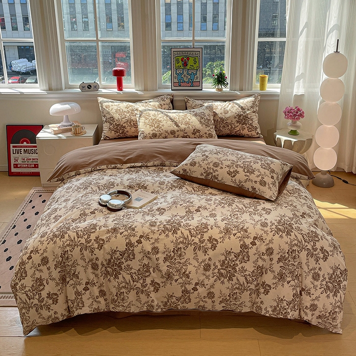 91家纺网 家纺一手货源 找家纺 忆生活 2025新款秋冬复古风全棉加厚磨毛四件套 简秋-咖