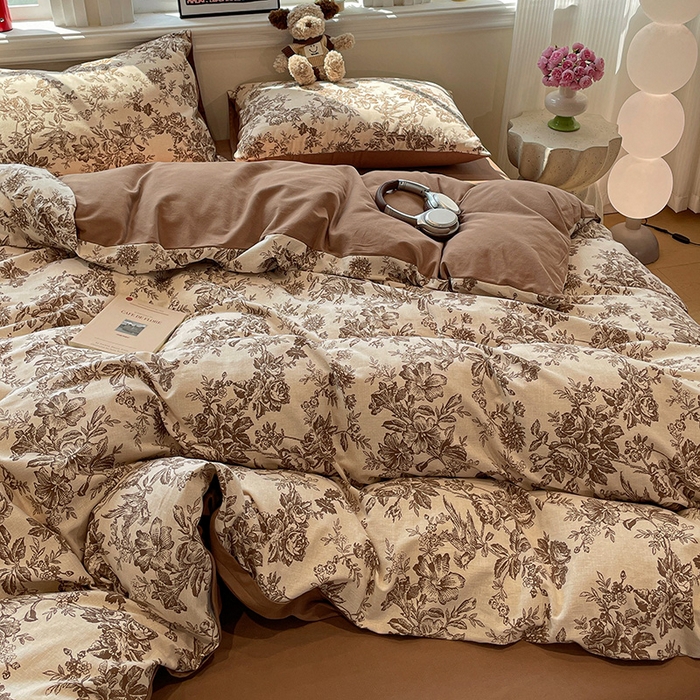 91家纺网 家纺一手货源 找家纺 忆生活 2025新款秋冬复古风全棉加厚磨毛四件套 简秋-咖