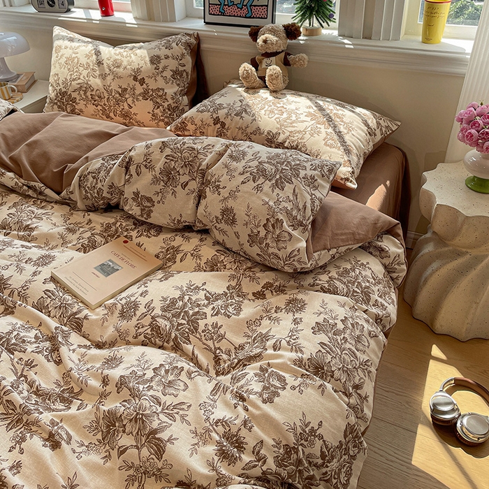 91家纺网 家纺一手货源 找家纺 忆生活 2025新款秋冬复古风全棉加厚磨毛四件套 简秋-咖