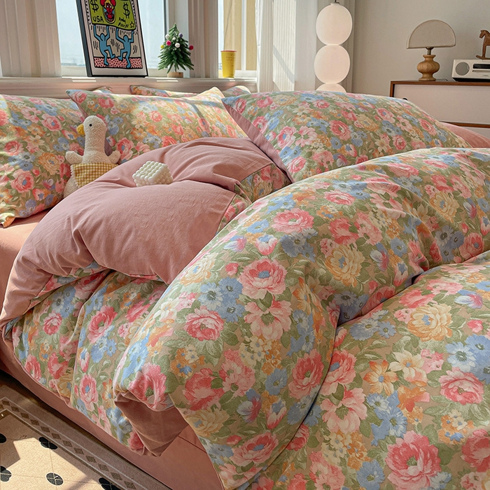 91家纺网 家纺一手货源 找家纺 忆生活 2025新款秋冬复古风全棉加厚磨毛四件套 花汐