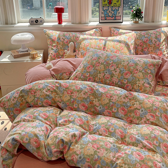 91家纺网 家纺一手货源 找家纺 忆生活 2025新款秋冬复古风全棉加厚磨毛四件套 花汐