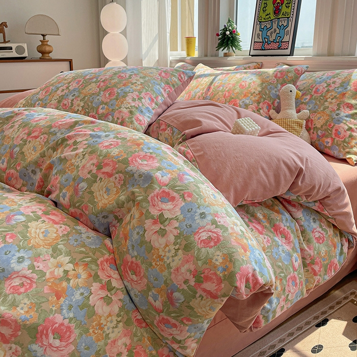 忆生活 2025新款秋冬复古风全棉加厚磨毛四件套 花汐