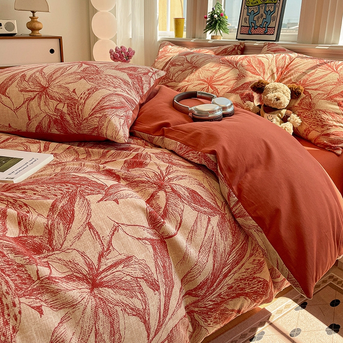 91家纺网 家纺一手货源 找家纺 忆生活 2025新款秋冬复古风全棉加厚磨毛四件套 花颜-红