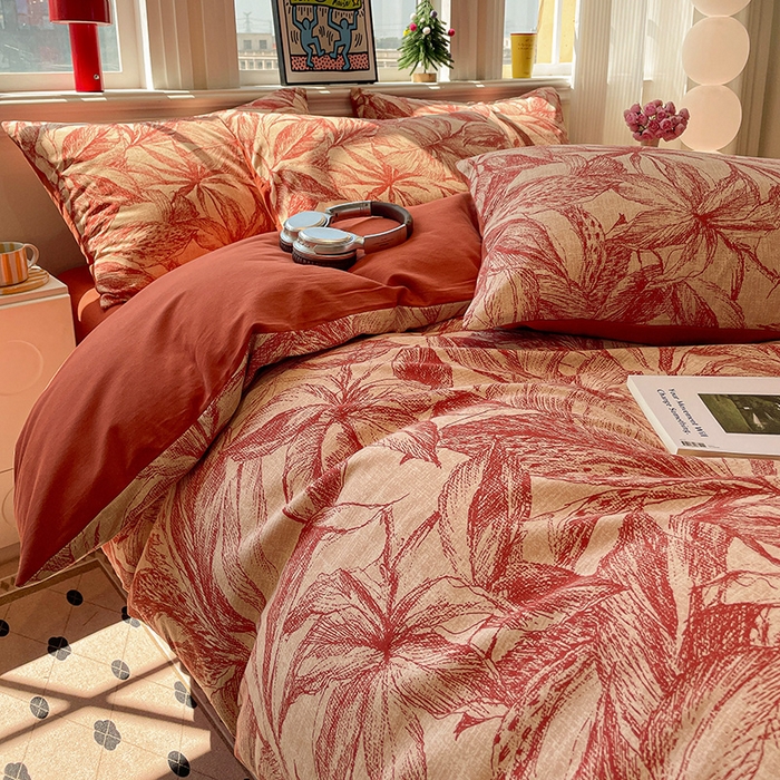 91家纺网 家纺一手货源 找家纺 忆生活 2025新款秋冬复古风全棉加厚磨毛四件套 花颜-红