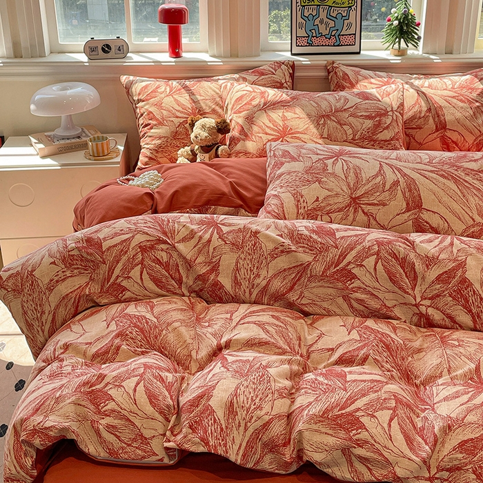 91家纺网 家纺一手货源 找家纺 忆生活 2025新款秋冬复古风全棉加厚磨毛四件套 花颜-红