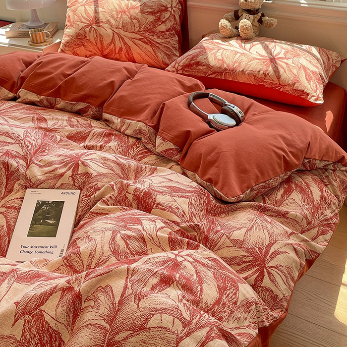 91家纺网 家纺一手货源 找家纺 忆生活 2025新款秋冬复古风全棉加厚磨毛四件套 花颜-红
