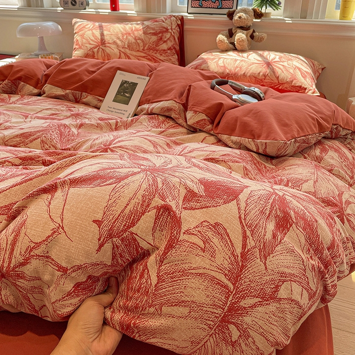 91家纺网 家纺一手货源 找家纺 忆生活 2025新款秋冬复古风全棉加厚磨毛四件套 花颜-红