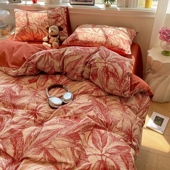 91家纺网 家纺一手货源 找家纺 忆生活 2025新款秋冬复古风全棉加厚磨毛四件套 花颜-红