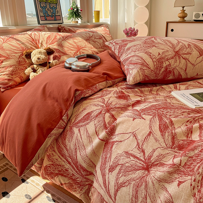 91家纺网 家纺一手货源 找家纺 忆生活 2025新款秋冬复古风全棉加厚磨毛四件套 花颜-红