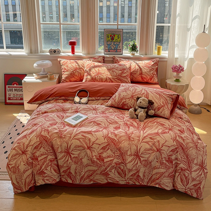 91家纺网 家纺一手货源 找家纺 忆生活 2025新款秋冬复古风全棉加厚磨毛四件套 花颜-红