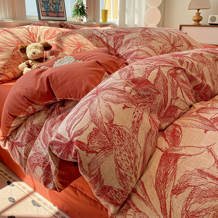 91家纺网 家纺一手货源 找家纺 忆生活 2025新款秋冬复古风全棉加厚磨毛四件套 花颜-红