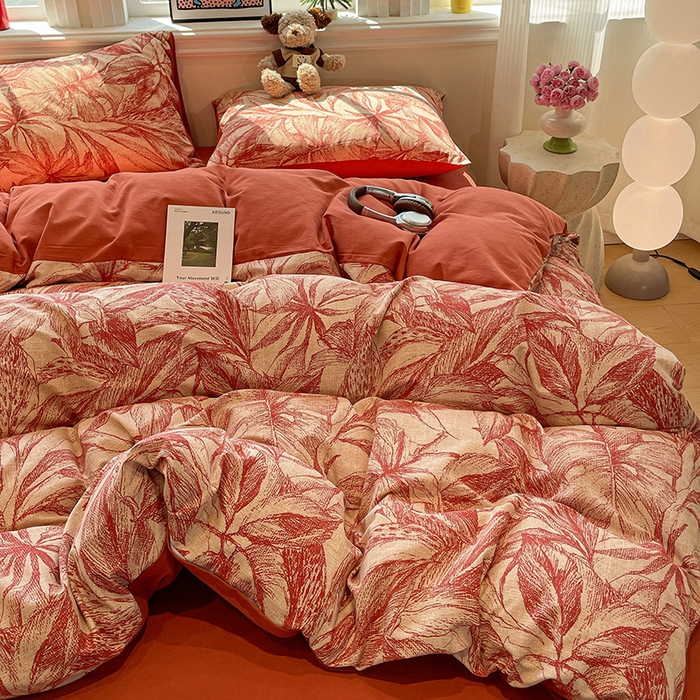 91家纺网 家纺一手货源 找家纺 忆生活 2025新款秋冬复古风全棉加厚磨毛四件套 花颜-红