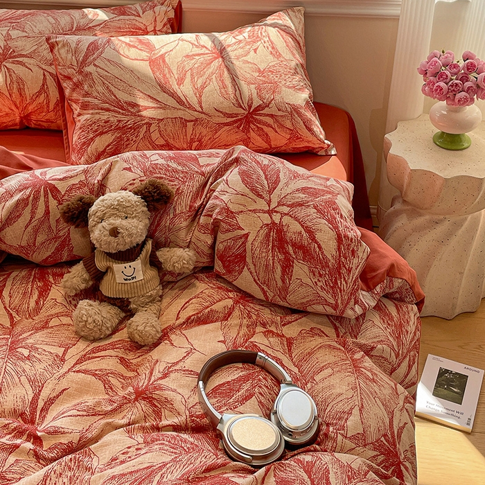 91家纺网 家纺一手货源 找家纺 忆生活 2025新款秋冬复古风全棉加厚磨毛四件套 花颜-红