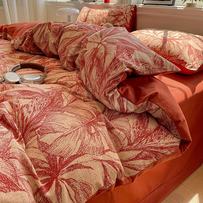 91家纺网 家纺一手货源 找家纺 忆生活 2025新款秋冬复古风全棉加厚磨毛四件套 花颜-红