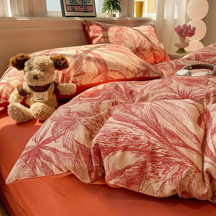 91家纺网 家纺一手货源 找家纺 忆生活 2025新款秋冬复古风全棉加厚磨毛四件套 花颜-红