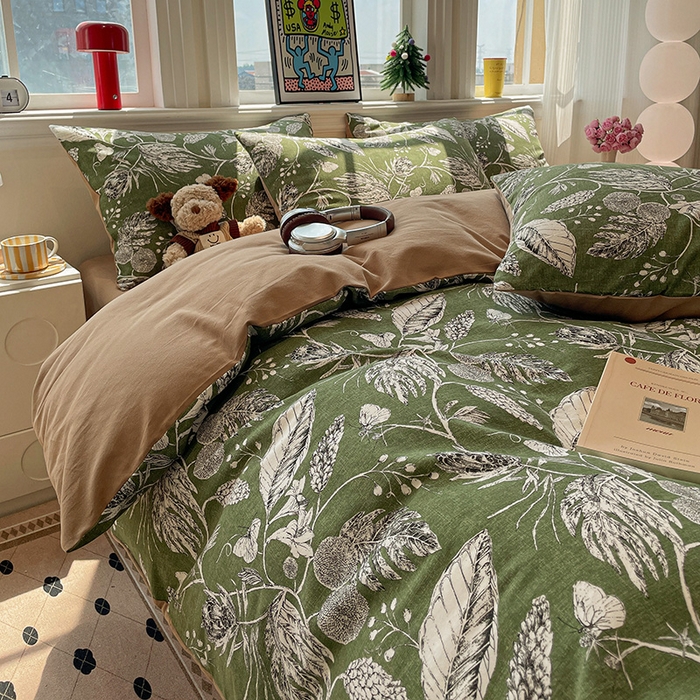 91家纺网 家纺一手货源 找家纺 忆生活 2025新款秋冬复古风全棉加厚磨毛四件套 璃月-绿