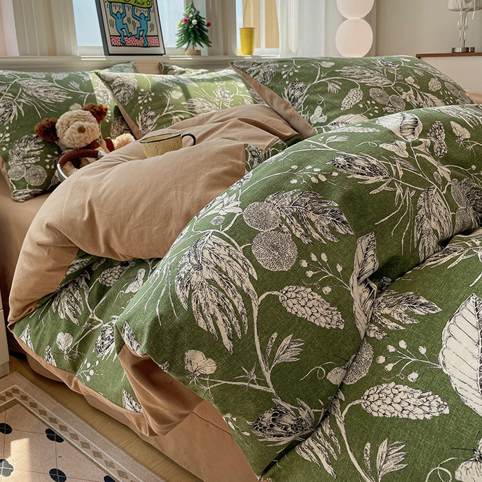 91家纺网 家纺一手货源 找家纺 忆生活 2025新款秋冬复古风全棉加厚磨毛四件套 璃月-绿