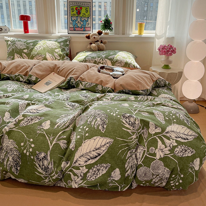 91家纺网 家纺一手货源 找家纺 忆生活 2025新款秋冬复古风全棉加厚磨毛四件套 璃月-绿