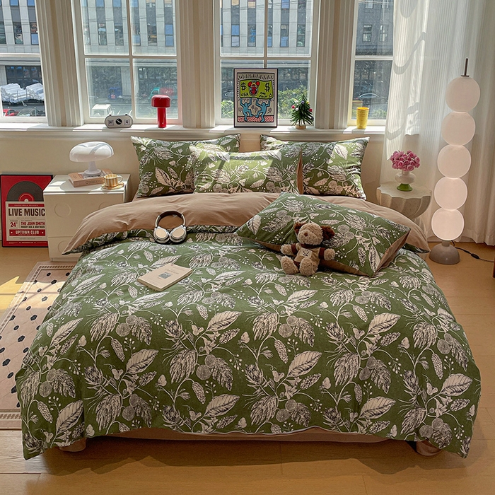 91家纺网 家纺一手货源 找家纺 忆生活 2025新款秋冬复古风全棉加厚磨毛四件套 璃月-绿