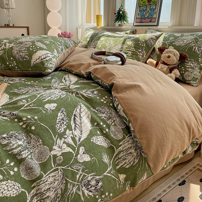 91家纺网 家纺一手货源 找家纺 忆生活 2025新款秋冬复古风全棉加厚磨毛四件套 璃月-绿