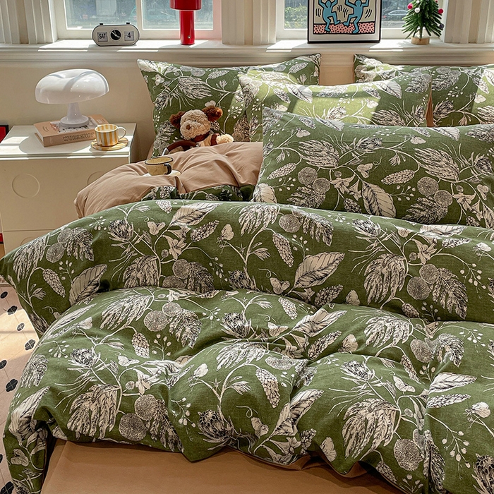 91家纺网 家纺一手货源 找家纺 忆生活 2025新款秋冬复古风全棉加厚磨毛四件套 璃月-绿