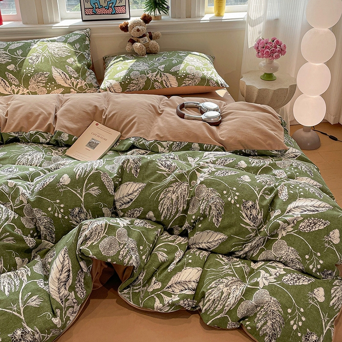 91家纺网 家纺一手货源 找家纺 忆生活 2025新款秋冬复古风全棉加厚磨毛四件套 璃月-绿